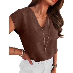 imageANRABESS Women Tops Cap Sleeve Dressy Casual V Neck Shirts 2026 Summer Business Work Blouses Outfits Trendy Spring ClothingBrown