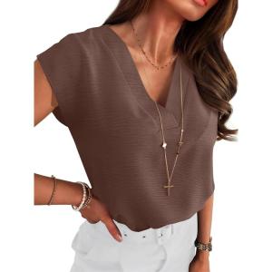 imageANRABESS Women Tops Cap Sleeve Dressy Casual V Neck Shirts 2026 Summer Business Work Blouses Outfits Trendy Spring ClothingCoffee