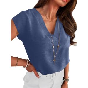 imageANRABESS Women Tops Cap Sleeve Dressy Casual V Neck Shirts 2026 Summer Business Work Blouses Outfits Trendy Spring ClothingDark Blue