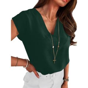 imageANRABESS Women Tops Cap Sleeve Dressy Casual V Neck Shirts 2026 Summer Business Work Blouses Outfits Trendy Spring ClothingDark Green