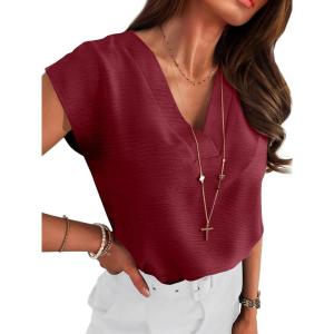 imageANRABESS Women Tops Cap Sleeve Dressy Casual V Neck Shirts 2026 Summer Business Work Blouses Outfits Trendy Spring ClothingDark Red
