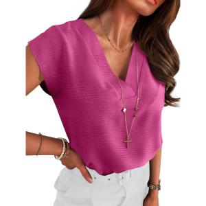 imageANRABESS Women Tops Cap Sleeve Dressy Casual V Neck Shirts 2026 Summer Business Work Blouses Outfits Trendy Spring ClothingHot Pink