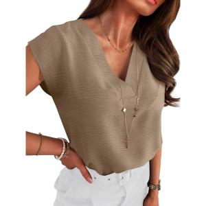 imageANRABESS Women Tops Cap Sleeve Dressy Casual V Neck Shirts 2026 Summer Business Work Blouses Outfits Trendy Spring ClothingKhaki