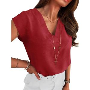imageANRABESS Women Tops Cap Sleeve Dressy Casual V Neck Shirts 2026 Summer Business Work Blouses Outfits Trendy Spring ClothingRed