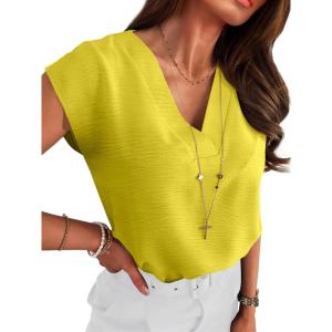 imageANRABESS Women Tops Cap Sleeve Dressy Casual V Neck Shirts 2026 Summer Business Work Blouses Outfits Trendy Spring ClothingYellow