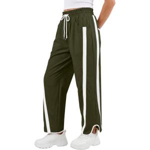 imageANRABESS Women Track Pants Casual Drawstring Waist Lightweight Baggy Contrast Color Workout Barrel Leg Pants with PocketsArmy Green