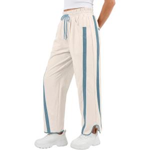 imageANRABESS Women Track Pants Casual Drawstring Waist Lightweight Baggy Contrast Color Workout Barrel Leg Pants with PocketsBeige