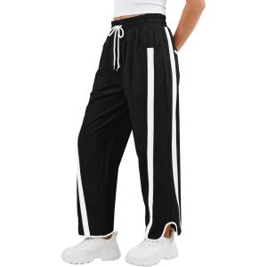 imageANRABESS Women Track Pants Casual Drawstring Waist Lightweight Baggy Contrast Color Workout Barrel Leg Pants with PocketsBlack