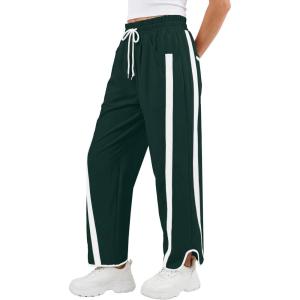 imageANRABESS Women Track Pants Casual Drawstring Waist Lightweight Baggy Contrast Color Workout Barrel Leg Pants with PocketsDeep Green