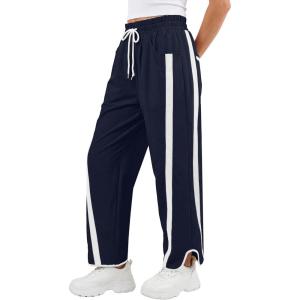 imageANRABESS Women Track Pants Casual Drawstring Waist Lightweight Baggy Contrast Color Workout Barrel Leg Pants with PocketsNavy