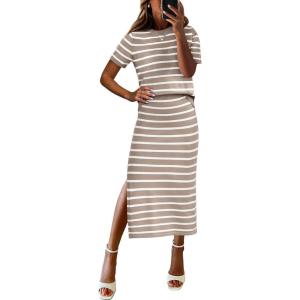imageANRABESS Womens 2 Piece Outfits Striped Sweater Skirt Sets 2026 Summer Casual Short Sleeve Pullover Tops Travel Midi DressBeige White