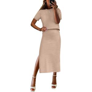 imageANRABESS Womens 2 Piece Outfits Striped Sweater Skirt Sets 2026 Summer Casual Short Sleeve Pullover Tops Travel Midi DressBright Tan