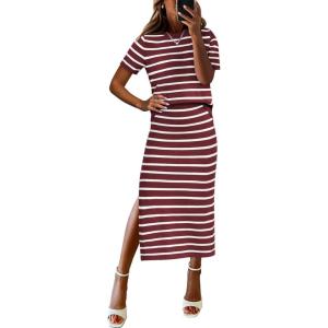 imageANRABESS Womens 2 Piece Outfits Striped Sweater Skirt Sets 2026 Summer Casual Short Sleeve Pullover Tops Travel Midi DressRed White