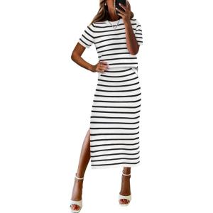 imageANRABESS Womens 2 Piece Outfits Striped Sweater Skirt Sets 2026 Summer Casual Short Sleeve Pullover Tops Travel Midi DressWhite Black