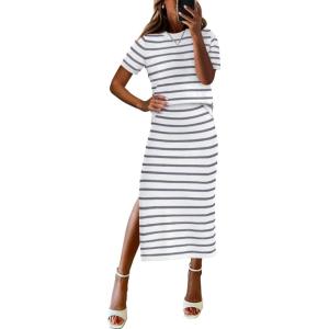 imageANRABESS Womens 2 Piece Outfits Striped Sweater Skirt Sets 2026 Summer Casual Short Sleeve Pullover Tops Travel Midi DressWhite Grey Stripe