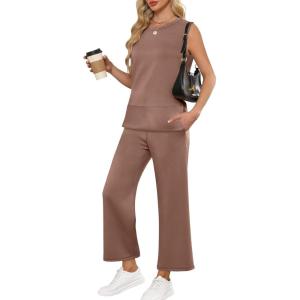 imageANRABESS Womens 2 Piece Outfits Summer Beach Vacation Clothes Spring Travel Airport Casual Wide Leg Pants Lounge SetsBrown
