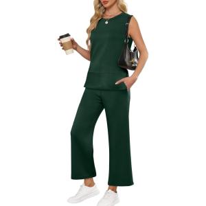 imageANRABESS Womens 2 Piece Outfits Summer Beach Vacation Clothes Spring Travel Airport Casual Wide Leg Pants Lounge SetsDeep Green