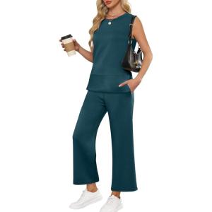 imageANRABESS Womens 2 Piece Outfits Summer Beach Vacation Clothes Spring Travel Airport Casual Wide Leg Pants Lounge SetsLake Green