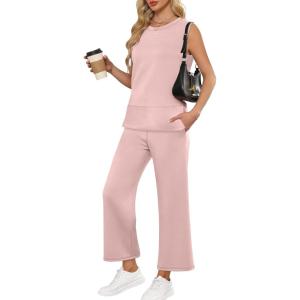 imageANRABESS Womens 2 Piece Outfits Summer Beach Vacation Clothes Spring Travel Airport Casual Wide Leg Pants Lounge SetsLight Pink