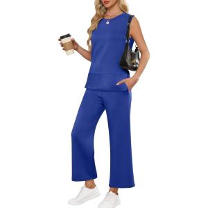 imageANRABESS Womens 2 Piece Outfits Summer Beach Vacation Clothes Spring Travel Airport Casual Wide Leg Pants Lounge SetsRoyal Blue