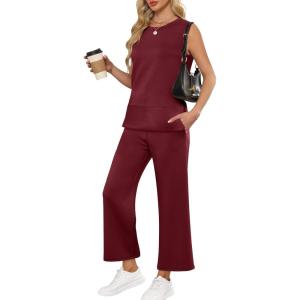 imageANRABESS Womens 2 Piece Outfits Summer Beach Vacation Clothes Spring Travel Airport Casual Wide Leg Pants Lounge SetsWine Red