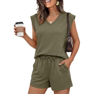 imageANRABESS Womens 2 Piece Short Sets 2026 Summer Casual Cap Sleeve Shirts Matching Lounge Outfits Travel Beach Vacation ClothesArmy Green