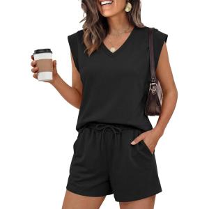 imageANRABESS Womens 2 Piece Short Sets 2026 Summer Casual Cap Sleeve Shirts Matching Lounge Outfits Travel Beach Vacation ClothesBlack