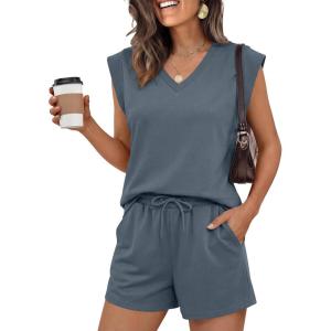 imageANRABESS Womens 2 Piece Short Sets 2026 Summer Casual Cap Sleeve Shirts Matching Lounge Outfits Travel Beach Vacation ClothesDeep Grey