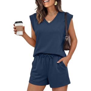 imageANRABESS Womens 2 Piece Short Sets 2026 Summer Casual Cap Sleeve Shirts Matching Lounge Outfits Travel Beach Vacation ClothesNavy Blue