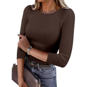 imageANRABESS Womens 34 Long Sleeve Tops Ribbed Knit Slim Fitted Shirts Basic Tee Fall Outfits 2026 Fashion Y2K ClothesBrown