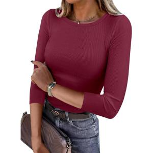 imageANRABESS Womens 34 Long Sleeve Tops Ribbed Knit Slim Fitted Shirts Basic Tee Fall Outfits 2026 Fashion Y2K ClothesBurgundy