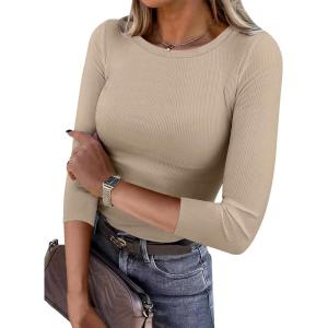 imageANRABESS Womens 34 Long Sleeve Tops Ribbed Knit Slim Fitted Shirts Basic Tee Fall Outfits 2026 Fashion Y2K ClothesLight Khaki