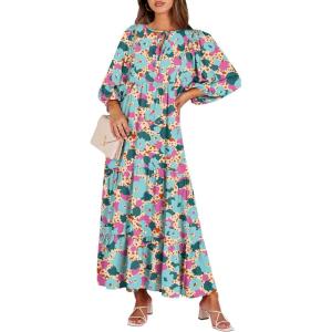 imageANRABESS Womens Boho Maxi Dresses 2026 Summer V Neck Puff Sleeve Floral Flowy Swing Fall Casual Long DressBeige Teal Floral