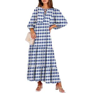 imageANRABESS Womens Boho Maxi Dresses 2026 Summer V Neck Puff Sleeve Floral Flowy Swing Fall Casual Long DressBlue