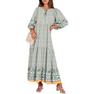 imageANRABESS Womens Boho Maxi Dresses 2026 Summer V Neck Puff Sleeve Floral Flowy Swing Fall Casual Long DressBlue Floral