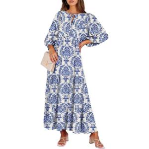 imageANRABESS Womens Boho Maxi Dresses 2026 Summer V Neck Puff Sleeve Floral Flowy Swing Fall Casual Long DressBlue Khaki