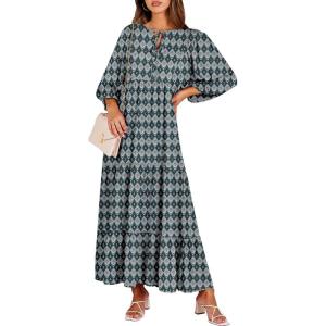imageANRABESS Womens Boho Maxi Dresses 2026 Summer V Neck Puff Sleeve Floral Flowy Swing Fall Casual Long DressDark Green