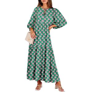 imageANRABESS Womens Boho Maxi Dresses 2026 Summer V Neck Puff Sleeve Floral Flowy Swing Fall Casual Long DressGreen