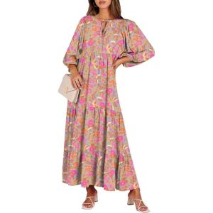 imageANRABESS Womens Boho Maxi Dresses 2026 Summer V Neck Puff Sleeve Floral Flowy Swing Fall Casual Long DressGreygreen Pink Floral