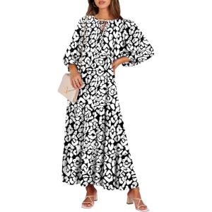 imageANRABESS Womens Boho Maxi Dresses 2026 Summer V Neck Puff Sleeve Floral Flowy Swing Fall Casual Long DressLeopard Print