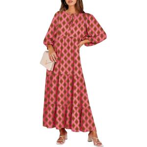 imageANRABESS Womens Boho Maxi Dresses 2026 Summer V Neck Puff Sleeve Floral Flowy Swing Fall Casual Long DressPink