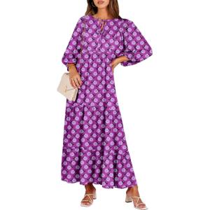 imageANRABESS Womens Boho Maxi Dresses 2026 Summer V Neck Puff Sleeve Floral Flowy Swing Fall Casual Long DressPurple
