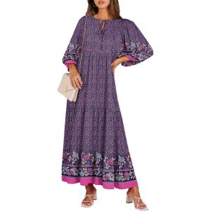 imageANRABESS Womens Boho Maxi Dresses 2026 Summer V Neck Puff Sleeve Floral Flowy Swing Fall Casual Long DressPurple Floral