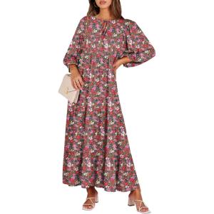 imageANRABESS Womens Boho Maxi Dresses 2026 Summer V Neck Puff Sleeve Floral Flowy Swing Fall Casual Long DressRed