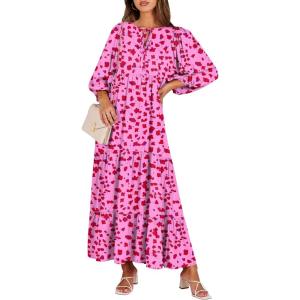 imageANRABESS Womens Boho Maxi Dresses 2026 Summer V Neck Puff Sleeve Floral Flowy Swing Fall Casual Long DressRose Red Floral