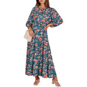imageANRABESS Womens Boho Maxi Dresses 2026 Summer V Neck Puff Sleeve Floral Flowy Swing Fall Casual Long DressTeal Red Floral
