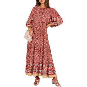 imageANRABESS Womens Boho Maxi Dresses 2026 Summer V Neck Puff Sleeve Floral Flowy Swing Fall Casual Long DressWine Red