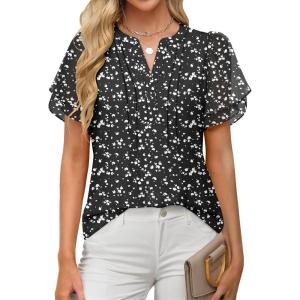 imageANRABESS Womens Dressy Chiffon Blouses V Neck Petal Short Sleeve Shirts 2026 Summer Casual Business Office Work TopsBlack Floral