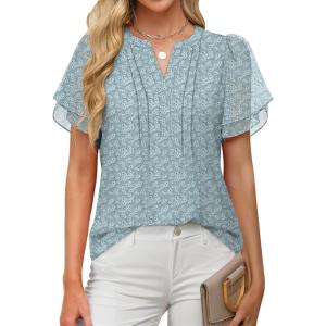 imageANRABESS Womens Dressy Chiffon Blouses V Neck Petal Short Sleeve Shirts 2026 Summer Casual Business Office Work TopsBlue Floral