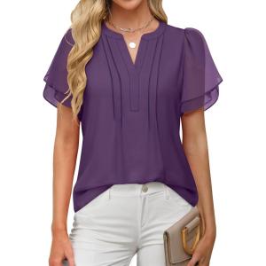 imageANRABESS Womens Dressy Chiffon Blouses V Neck Petal Short Sleeve Shirts 2026 Summer Casual Business Office Work TopsDark Purple